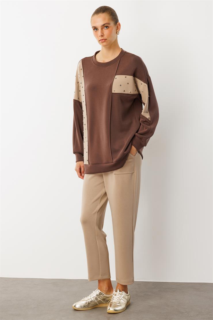 Modailgi  Kumaş Mix Detaylı Zımbalı Kesikli Oversize Örme Tunik - 40062 Kahve
