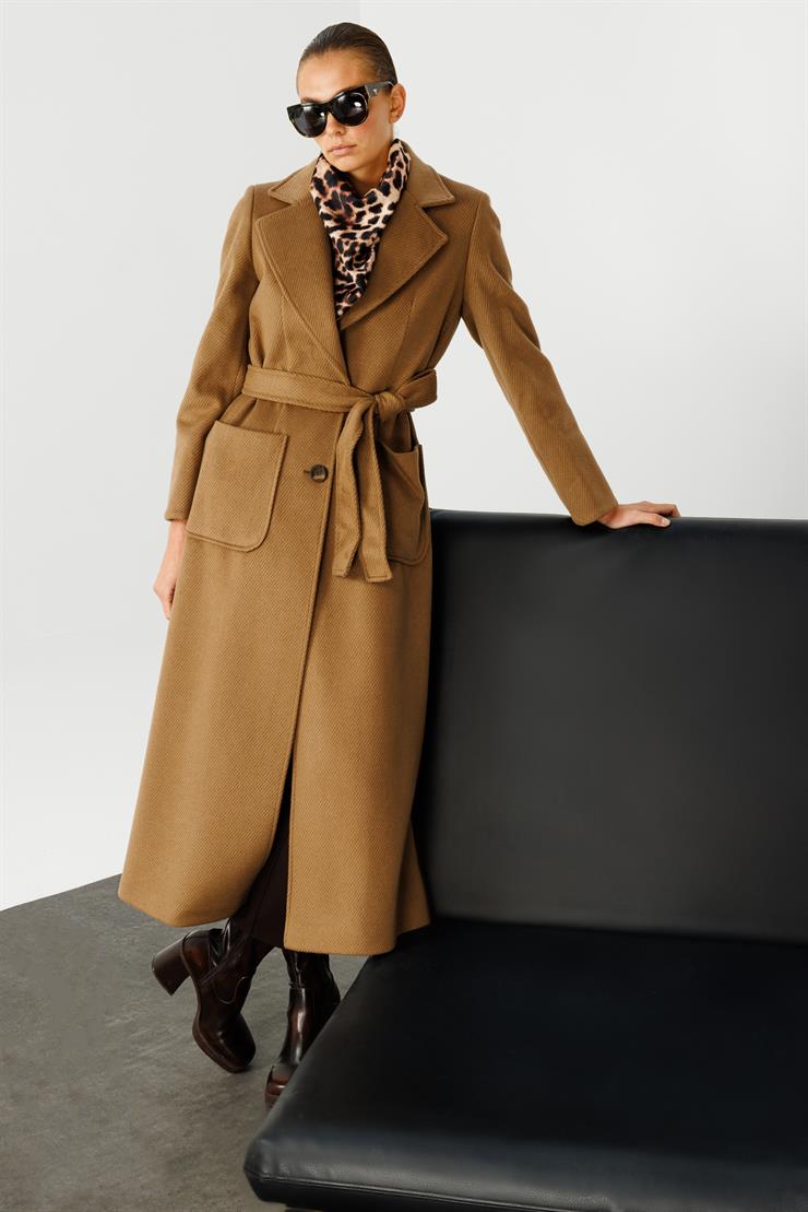 Modailgi  Kuptan Yırtmaçlı Diyagonal Çizgili Kaban Kahve