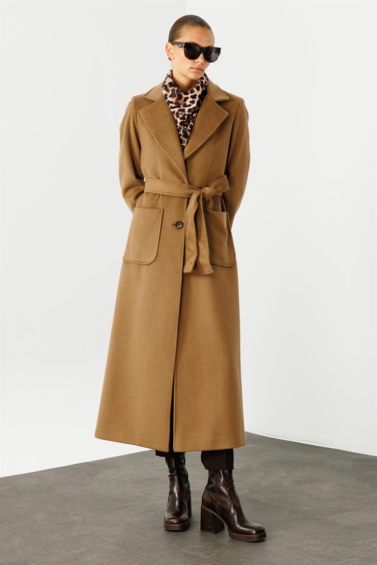 Modailgi  Kuptan Yırtmaçlı Diyagonal Çizgili Kaban Kahve