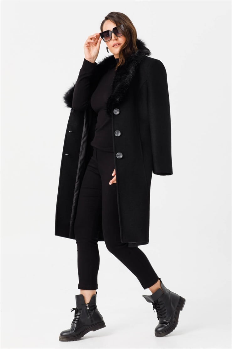Modailgi  Yakası Kürklü Önden Düğmeli Kaşe Kaban Siyah