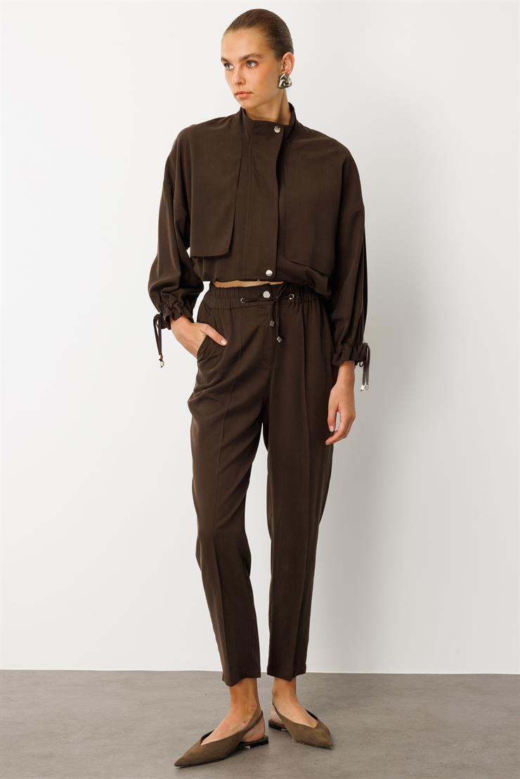 Modailgi  Kuş Gözü Detaylı Beli Lastikli Pantolon - 15022 Kahve