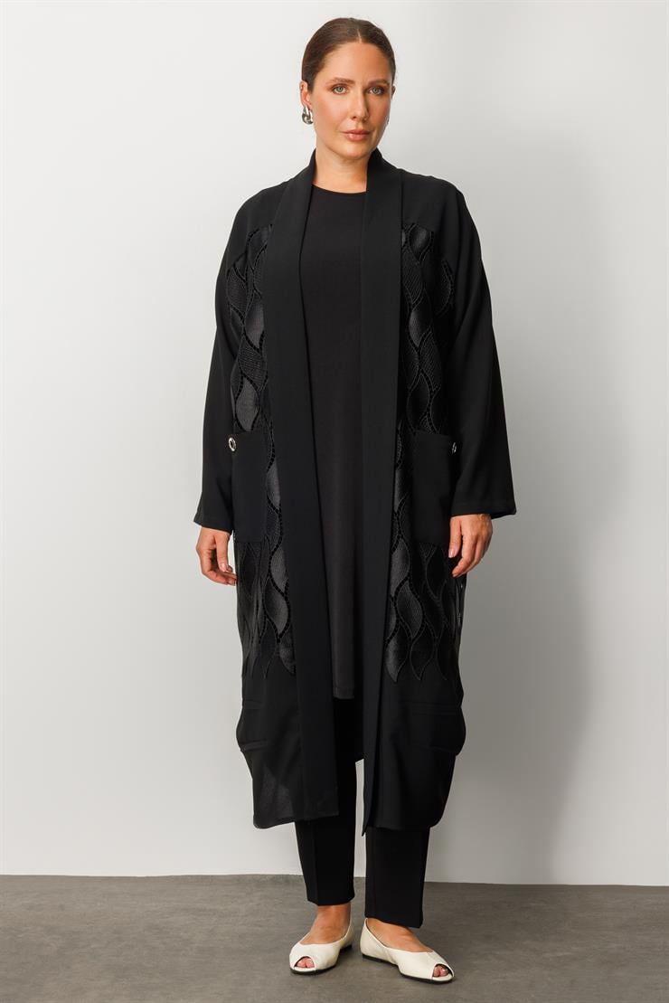 Modailgi  Kuş Gözü Detaylı Güpürlü Uzun Kap Siyah