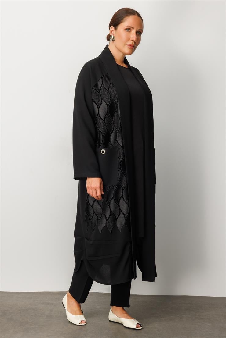 Modailgi  Kuş Gözü Detaylı Güpürlü Uzun Kap Siyah