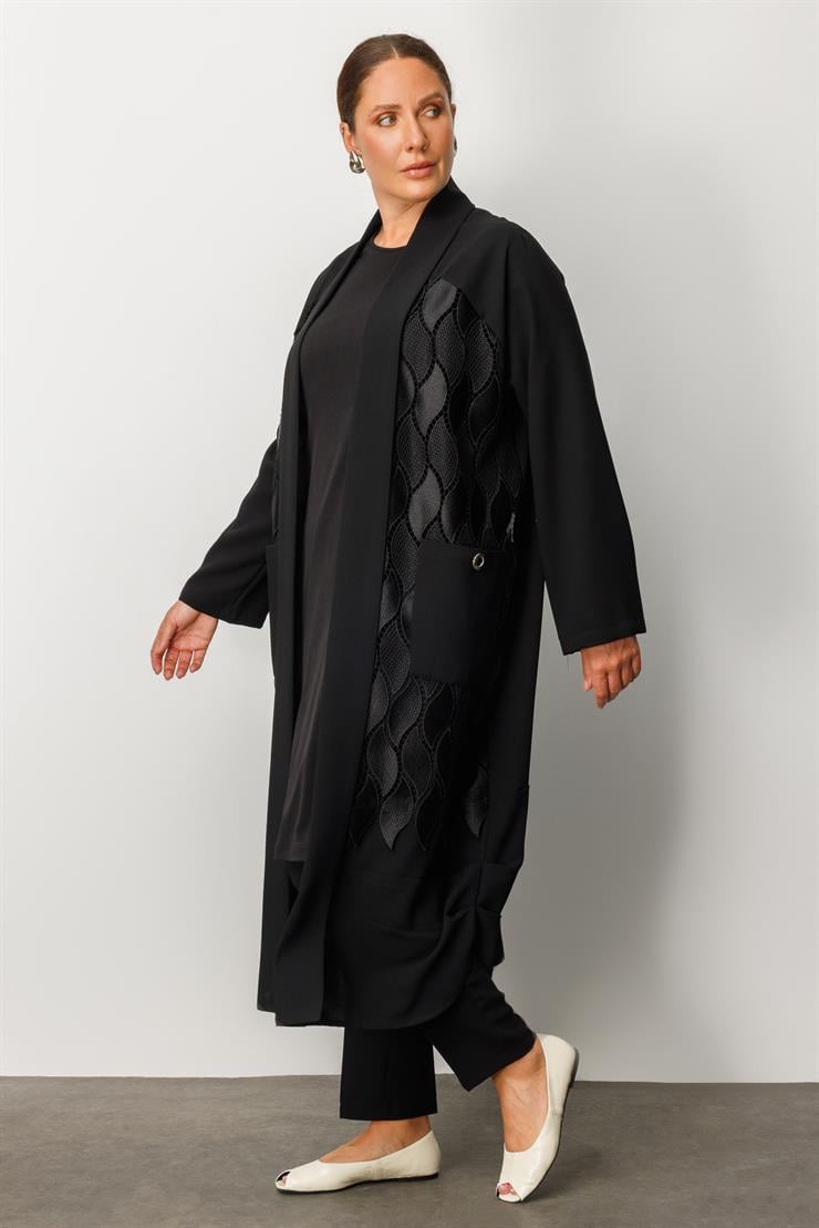 Modailgi  Kuş Gözü Detaylı Güpürlü Uzun Kap Siyah