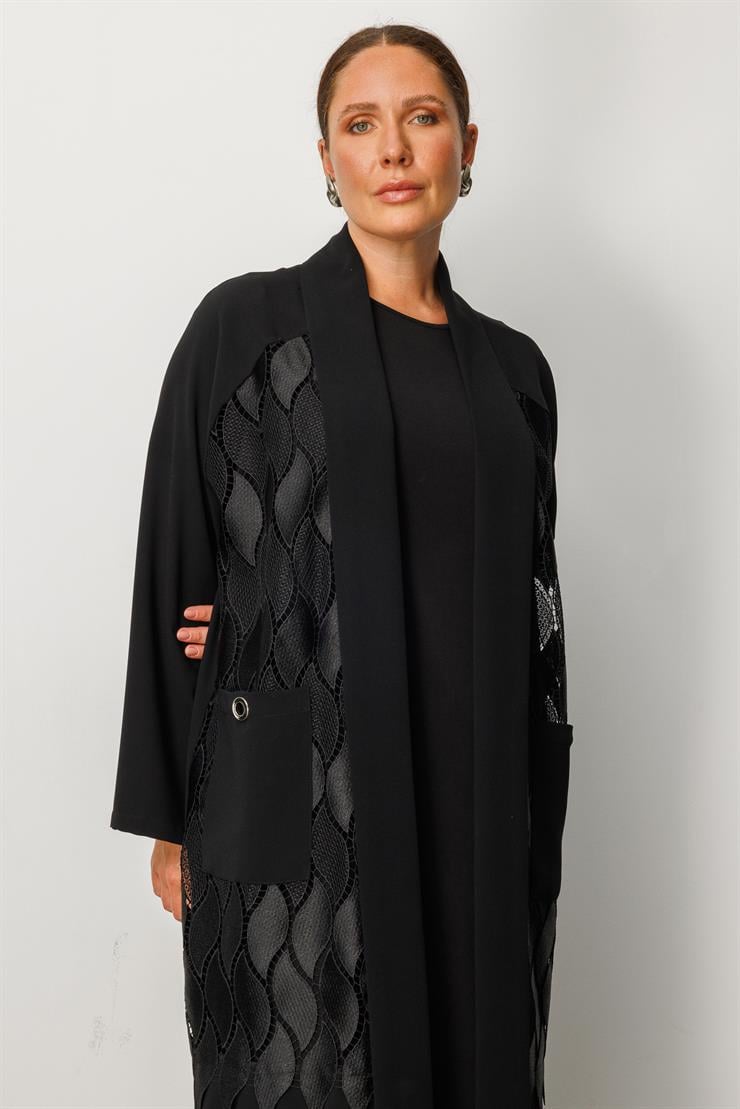 Modailgi  Kuş Gözü Detaylı Güpürlü Uzun Kap Siyah