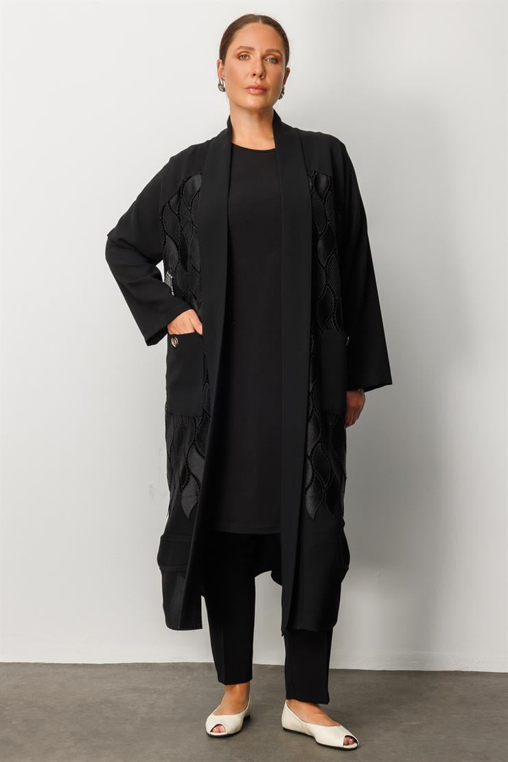 Modailgi  Kuş Gözü Detaylı Güpürlü Uzun Kap Siyah