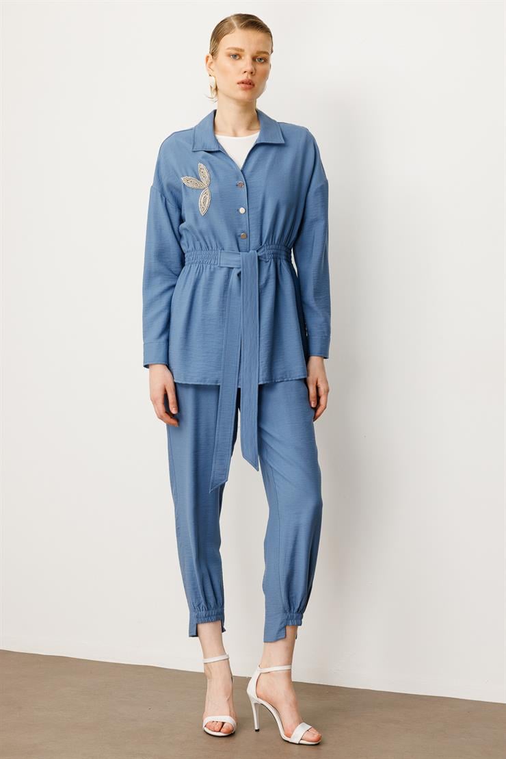 Modailgi  Kuşak Detaylı Taş Aksesuarlı Tunik İndigo