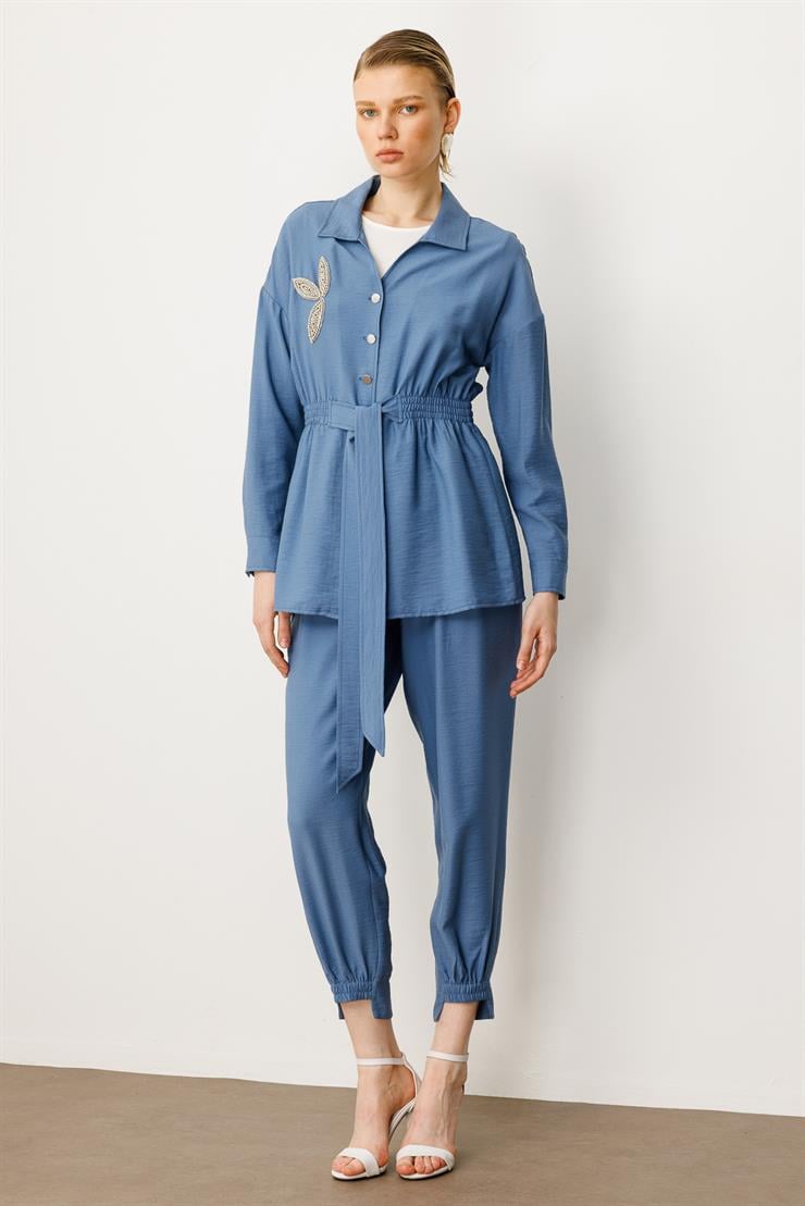 Modailgi  Kuşak Detaylı Taş Aksesuarlı Tunik İndigo