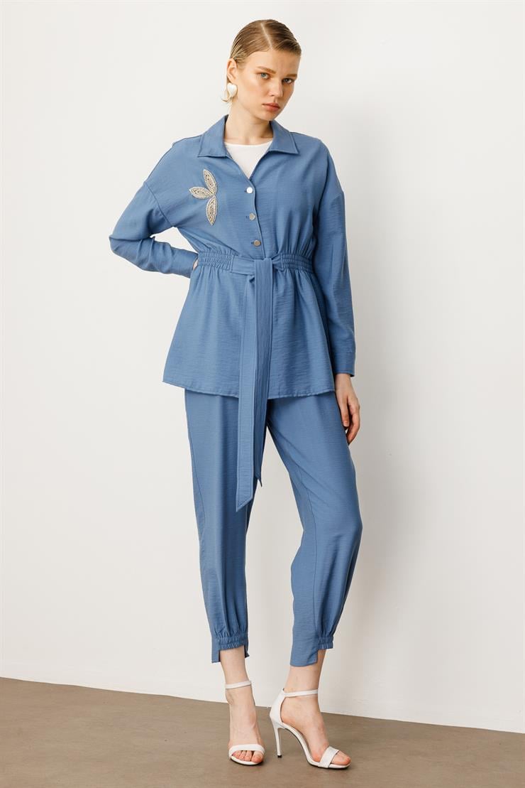 Modailgi  Kuşak Detaylı Taş Aksesuarlı Tunik İndigo