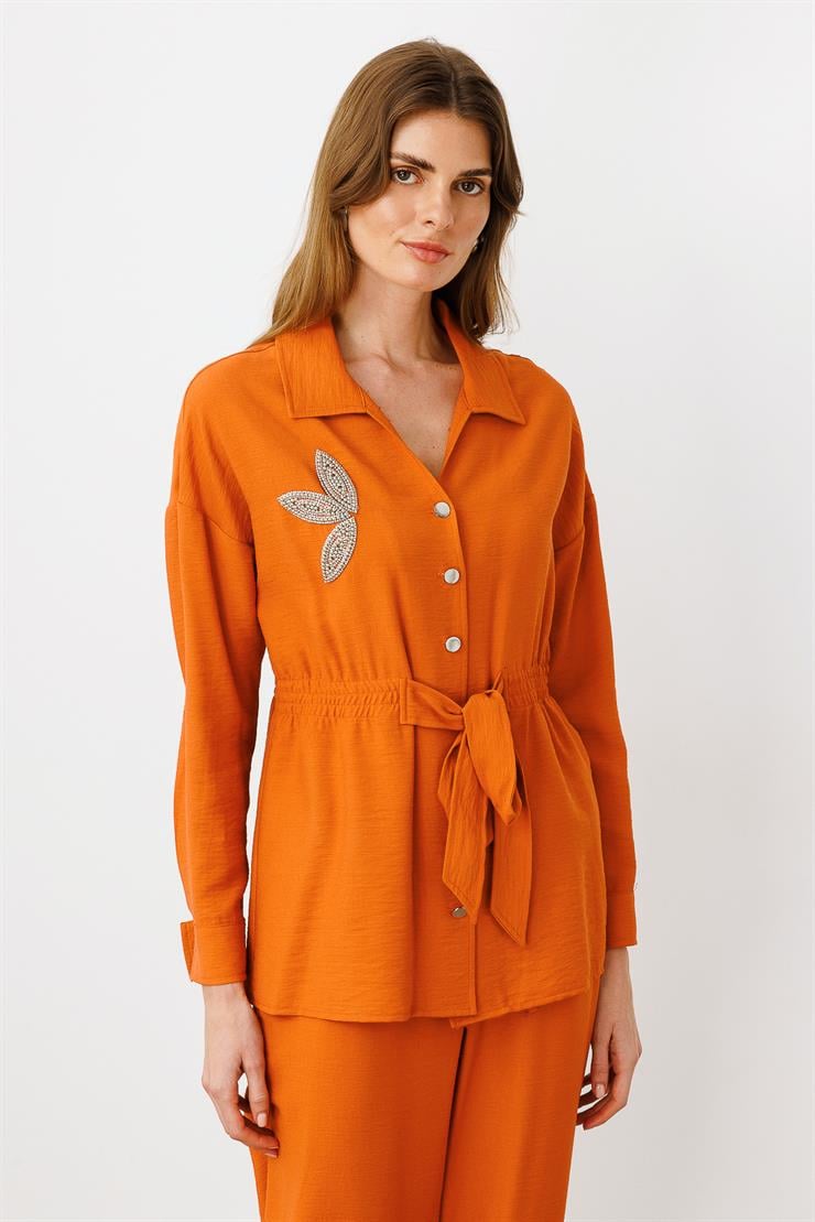 Modailgi  Kuşak Detaylı Taş Aksesuarlı Tunik Tarçın