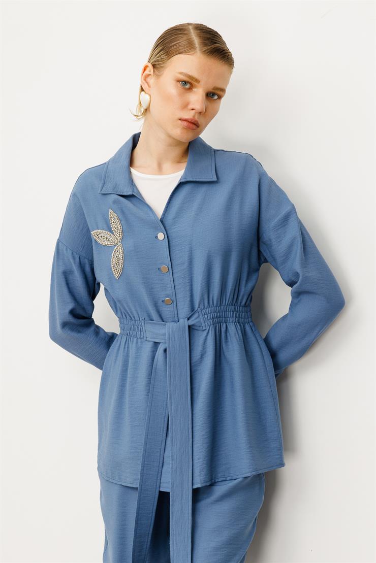 Modailgi  Kuşak Detaylı Taş Aksesuarlı Tunik İndigo