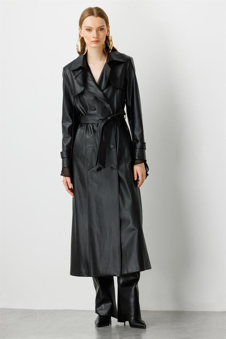 Modailgi  Kuşaklı Kruvaze Kapamalı Deri Trenç Siyah