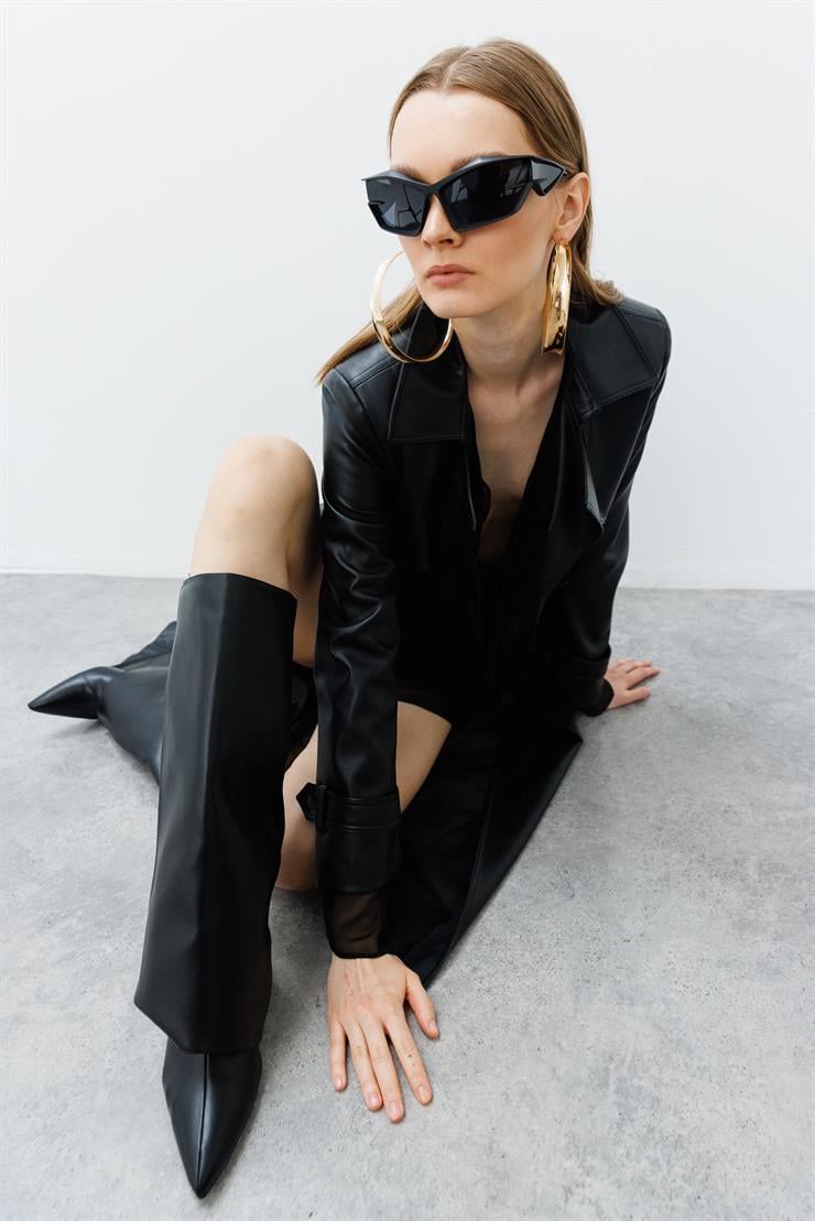 Modailgi  Kuşaklı Kruvaze Kapamalı Deri Trenç Siyah