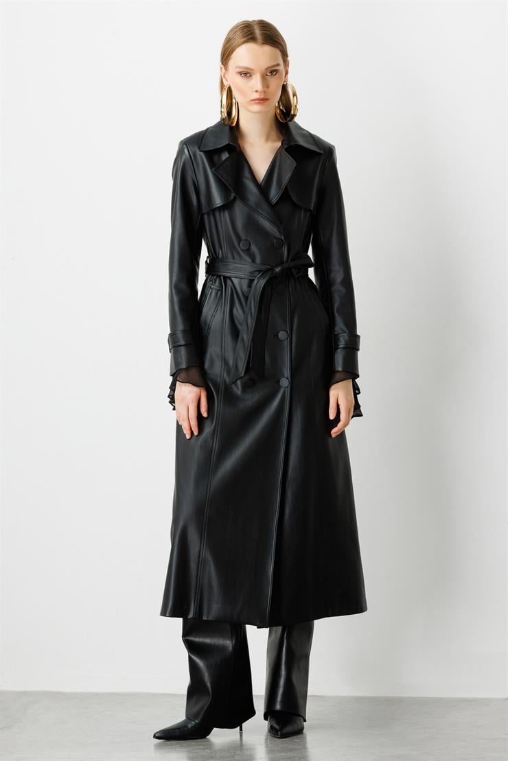 Modailgi  Kuşaklı Kruvaze Kapamalı Deri Trenç Siyah
