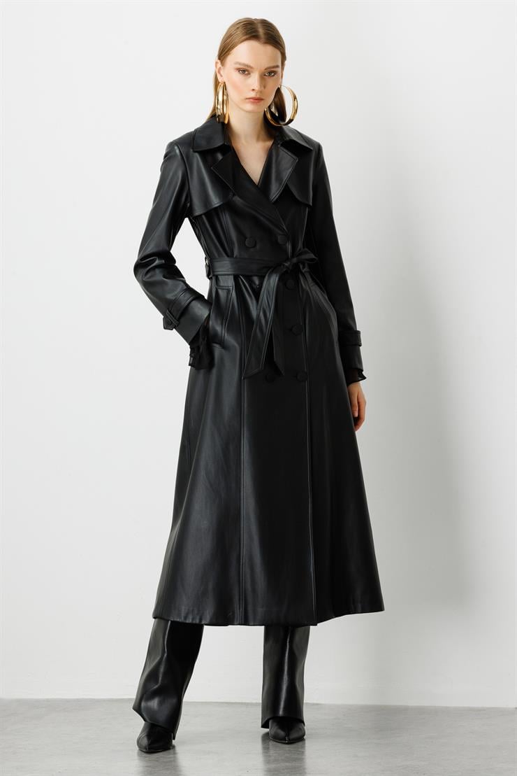 Modailgi  Kuşaklı Kruvaze Kapamalı Deri Trenç Siyah