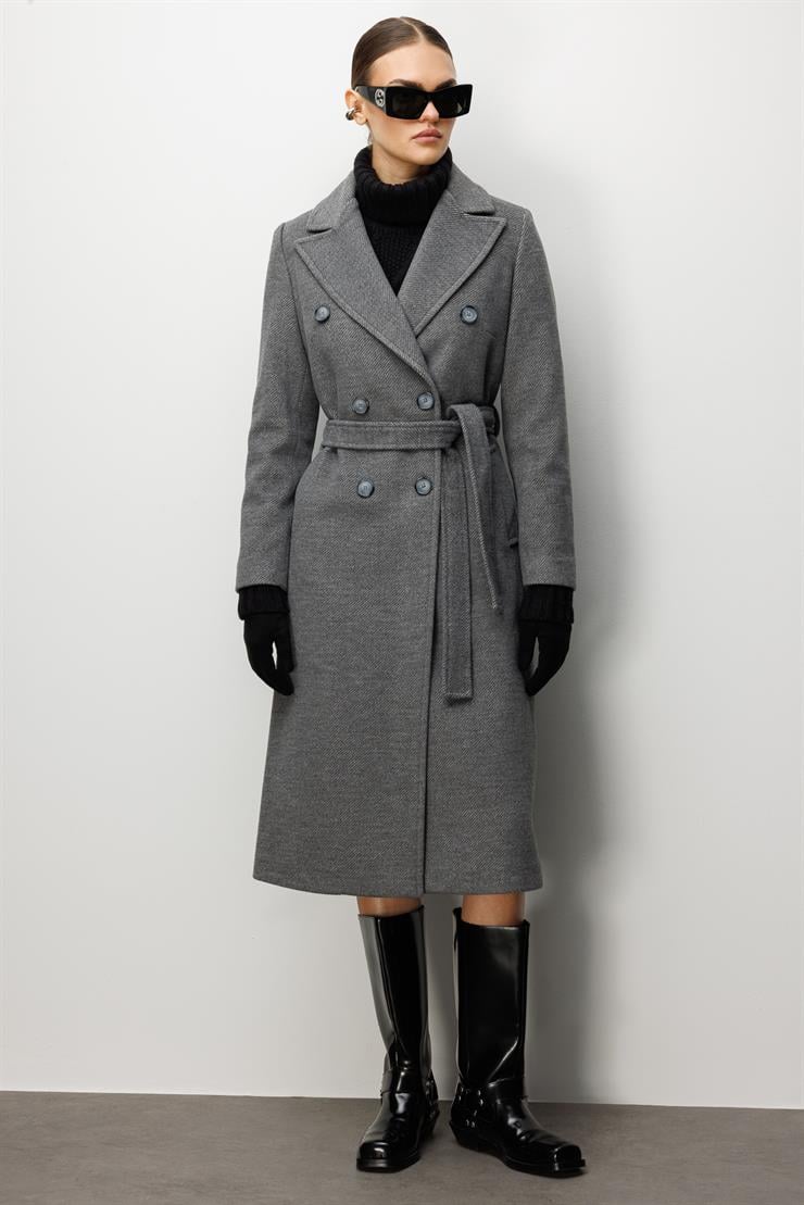 Modailgi  Kuşaklı Diyagonal Çizgili Kruvaze Kaban Gri