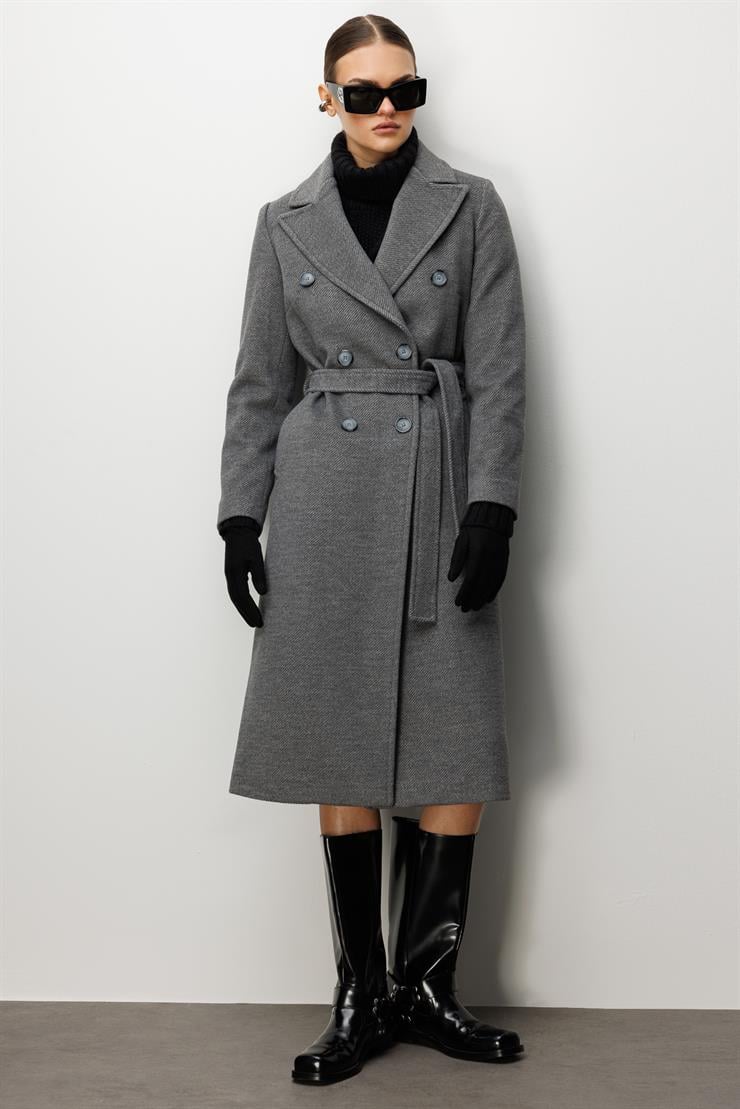 Modailgi  Kuşaklı Diyagonal Çizgili Kruvaze Kaban Gri