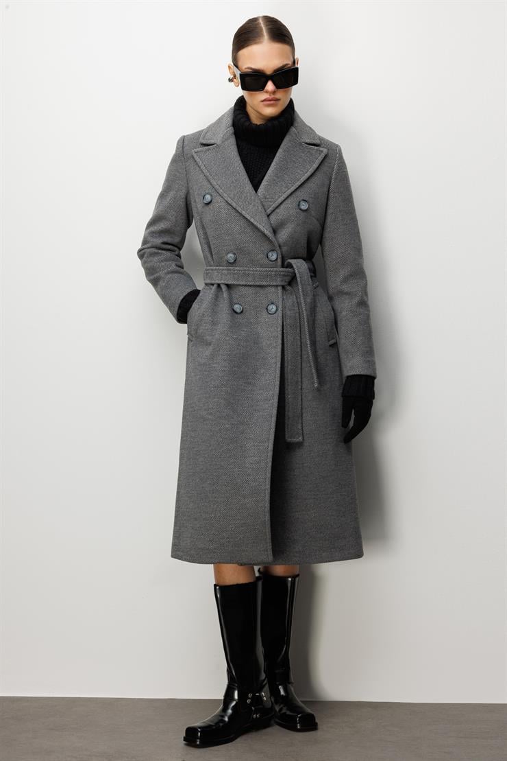 Modailgi  Kuşaklı Diyagonal Çizgili Kruvaze Kaban Gri