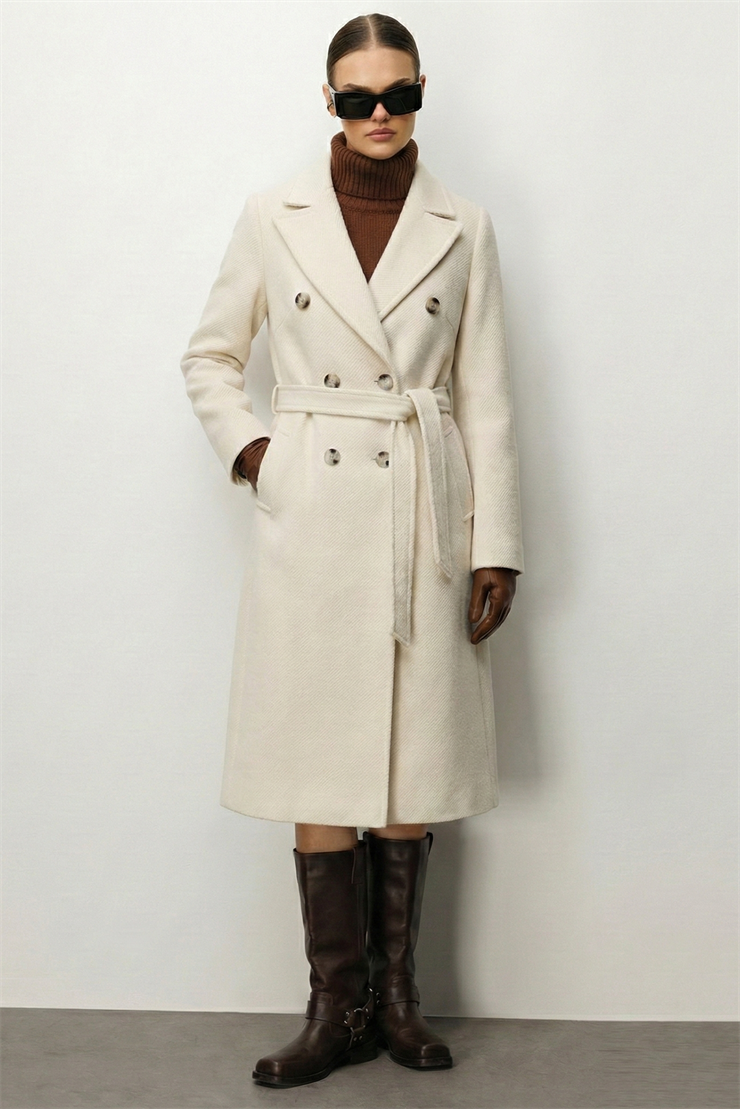 Modailgi  Kuşaklı Diyagonal Çizgili Kruvaze Kaban Bej