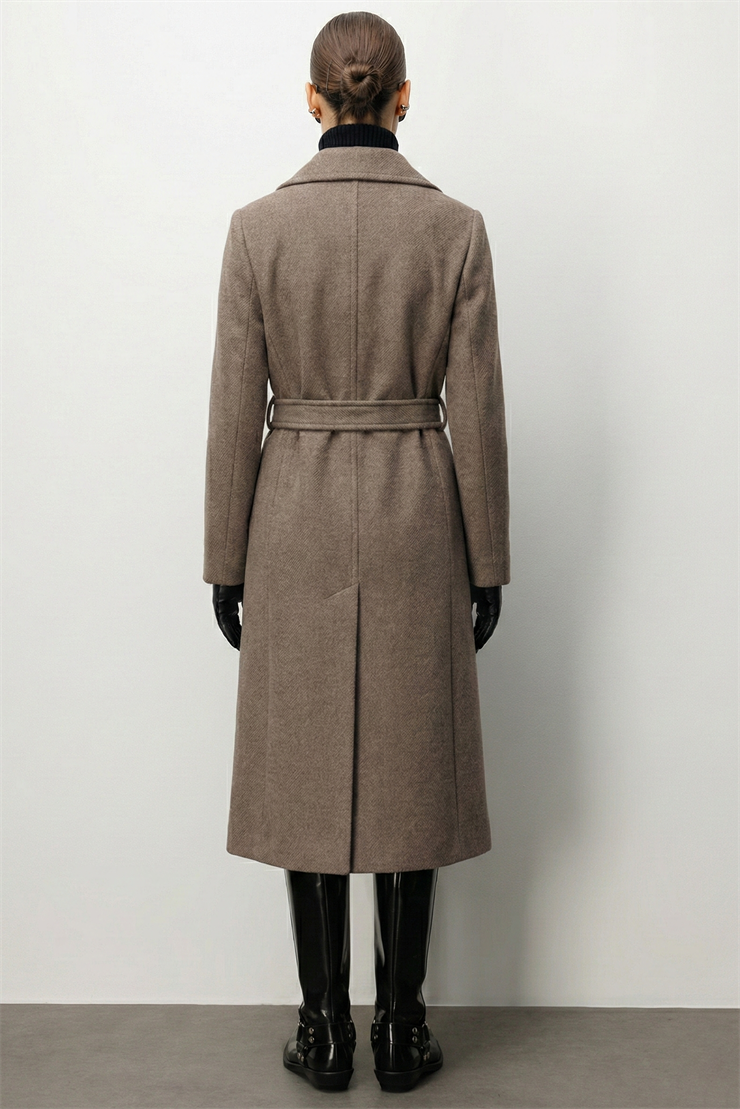 Modailgi  Kuşaklı Diyagonal Çizgili Kruvaze Kaban Kahve