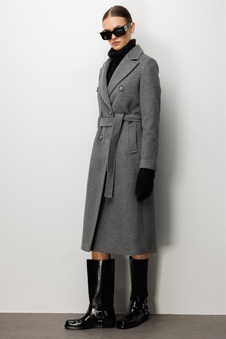 Modailgi  Kuşaklı Diyagonal Çizgili Kruvaze Kaban Gri