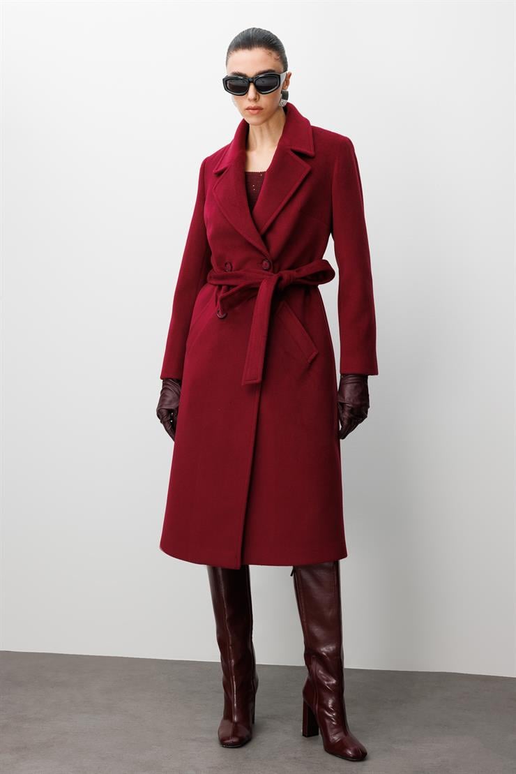 Modailgi  Kuşaklı Kruvaze Dört Düğmeli Kaban Bordo