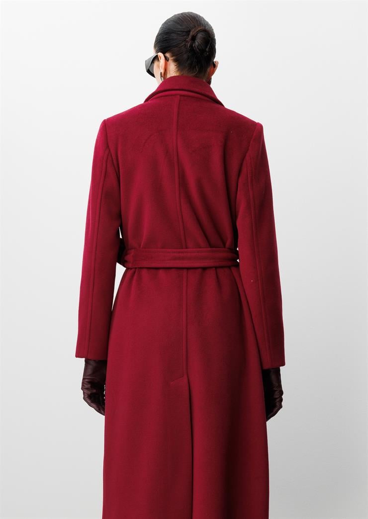 Modailgi  Kuşaklı Kruvaze Dört Düğmeli Kaban Bordo