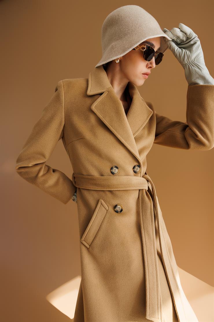 Modailgi  Kuşaklı Kruvaze Dört Düğmeli Kaban Camel