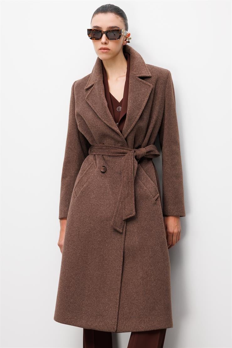 Modailgi  Kuşaklı Kruvaze Dört Düğmeli Kaban Kahve