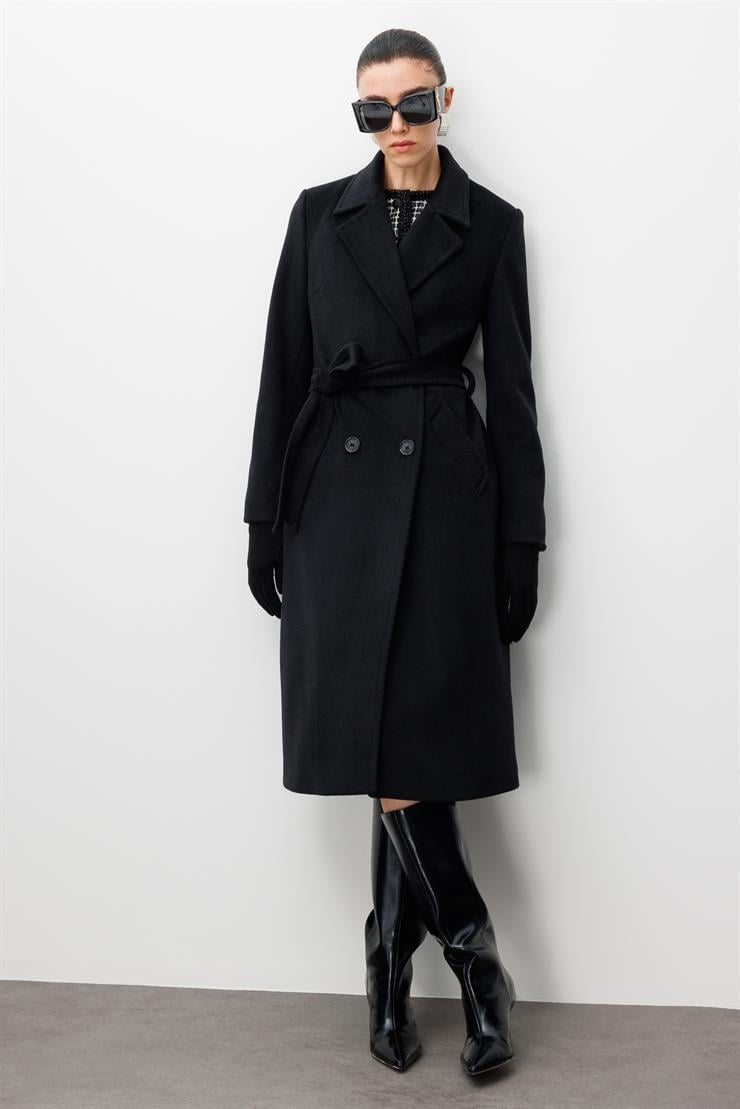 Modailgi  Kuşaklı Kruvaze Dört Düğmeli Kaban Siyah