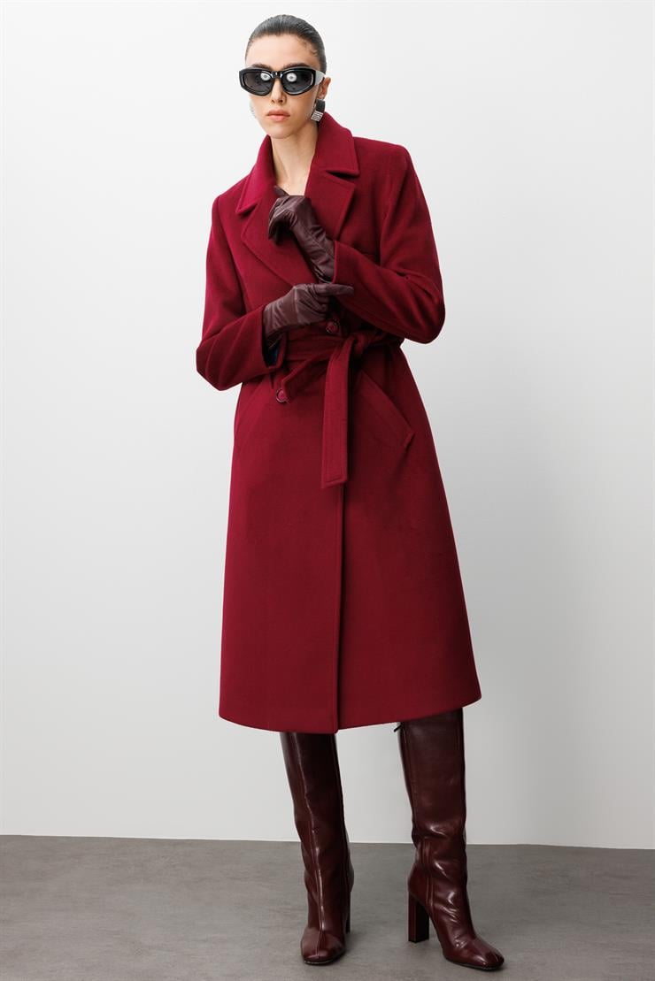 Modailgi  Kuşaklı Kruvaze Dört Düğmeli Kaban Bordo