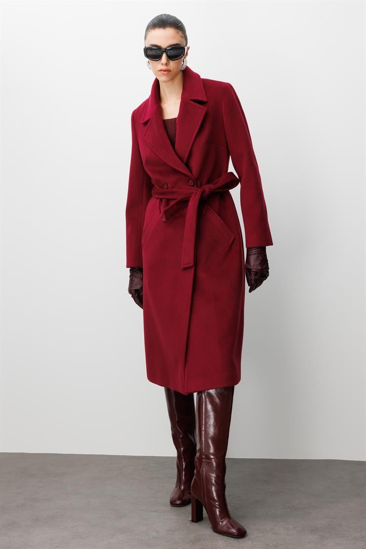 Modailgi  Kuşaklı Kruvaze Dört Düğmeli Kaban Bordo
