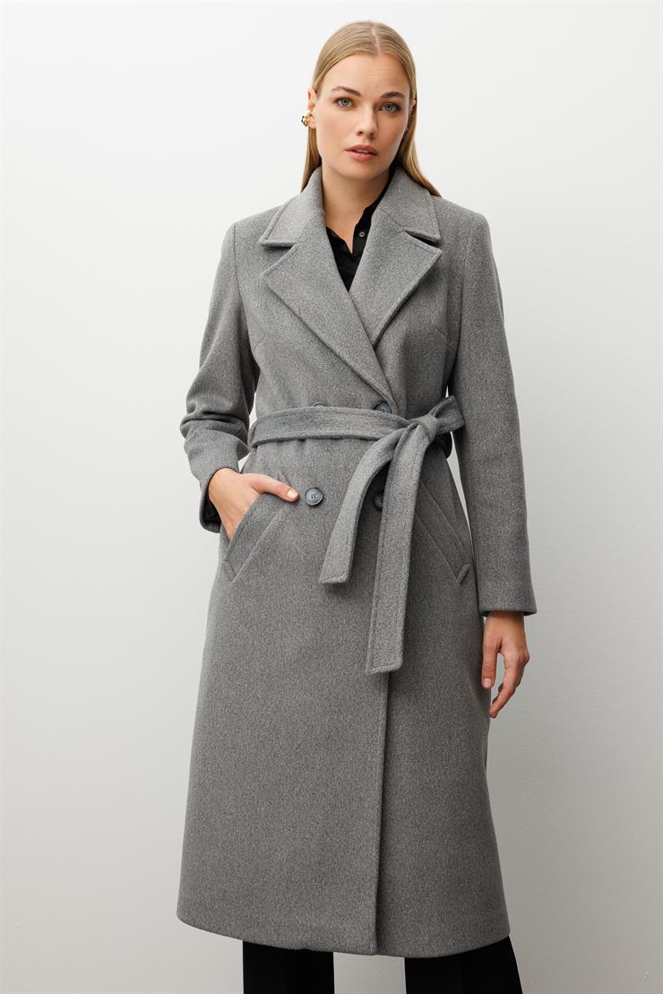 Modailgi  Kuşaklı Kruvaze Dört Düğmeli Kaban Gri