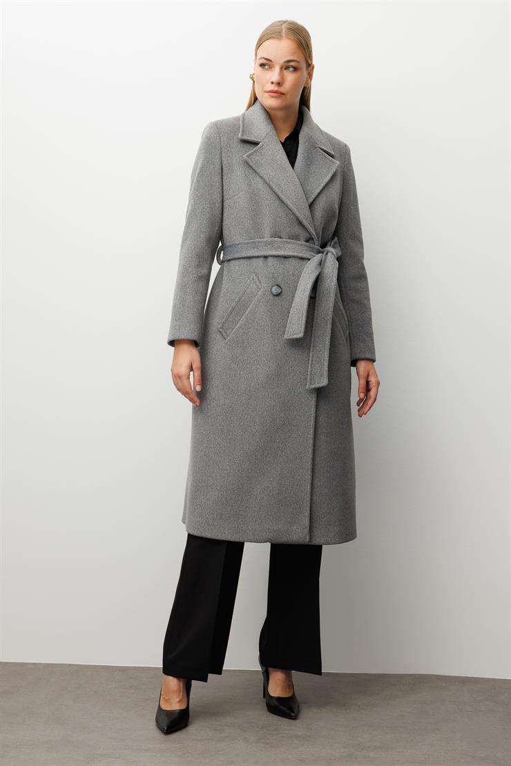 Modailgi  Kuşaklı Kruvaze Dört Düğmeli Kaban Gri