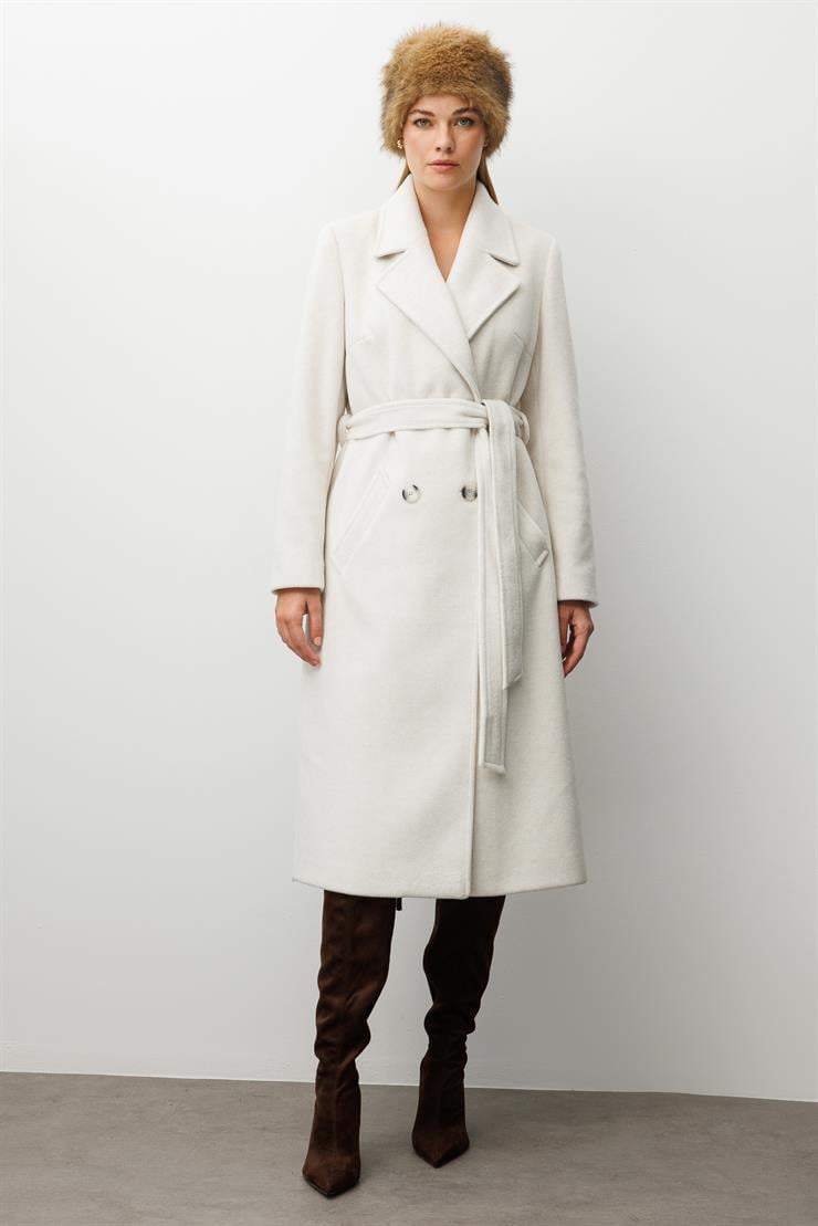 Modailgi  Kuşaklı Kruvaze Dört Düğmeli Kaban Kemik