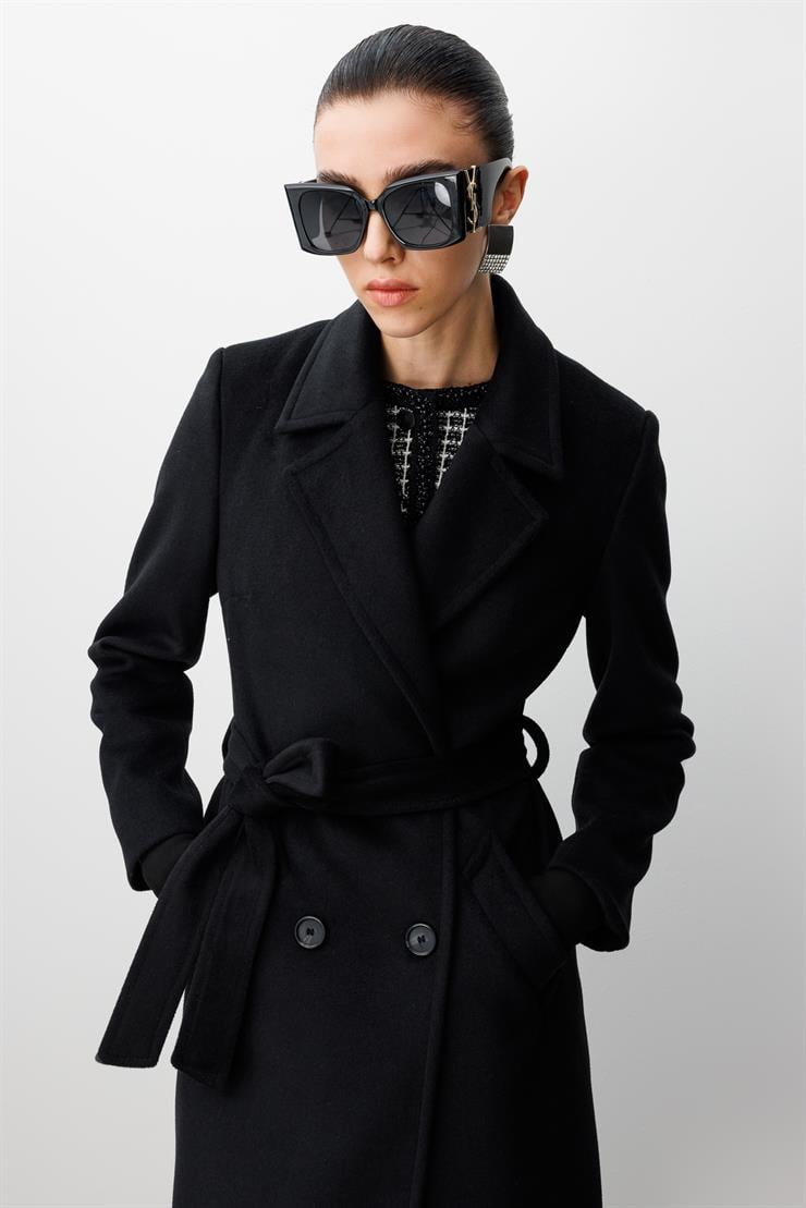 Modailgi  Kuşaklı Kruvaze Dört Düğmeli Kaban Siyah