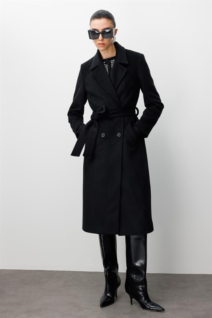 Modailgi  Kuşaklı Kruvaze Dört Düğmeli Kaban Siyah