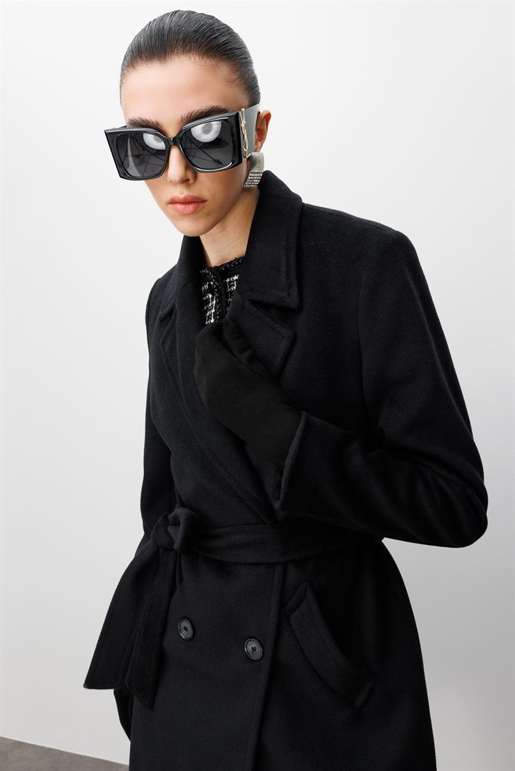 Modailgi  Kuşaklı Kruvaze Dört Düğmeli Kaban Siyah