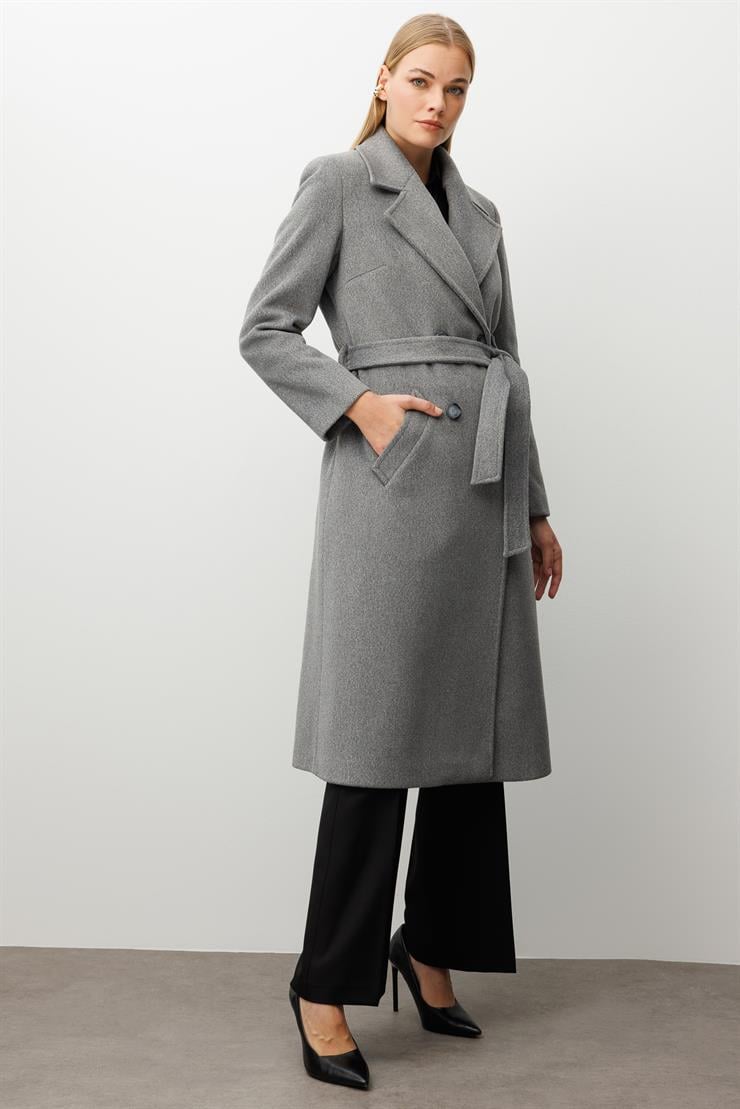 Modailgi  Kuşaklı Kruvaze Dört Düğmeli Kaban Gri