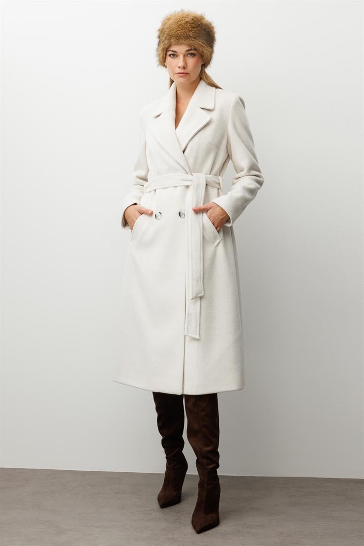 Modailgi  Kuşaklı Kruvaze Dört Düğmeli Kaban Kemik