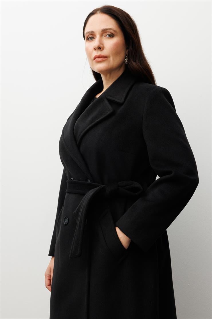 Modailgi  Kuşaklı Kruvaze Dört Düğmeli Kaban Siyah