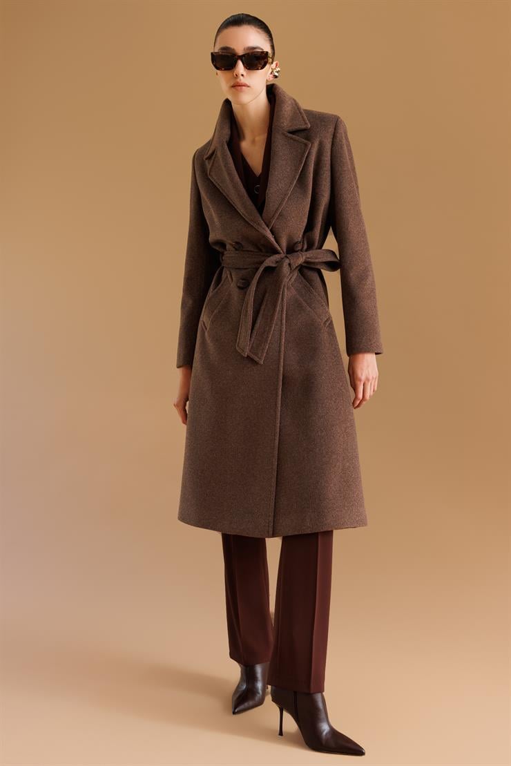 Modailgi  Kuşaklı Kruvaze Dört Düğmeli Kaban Kahve