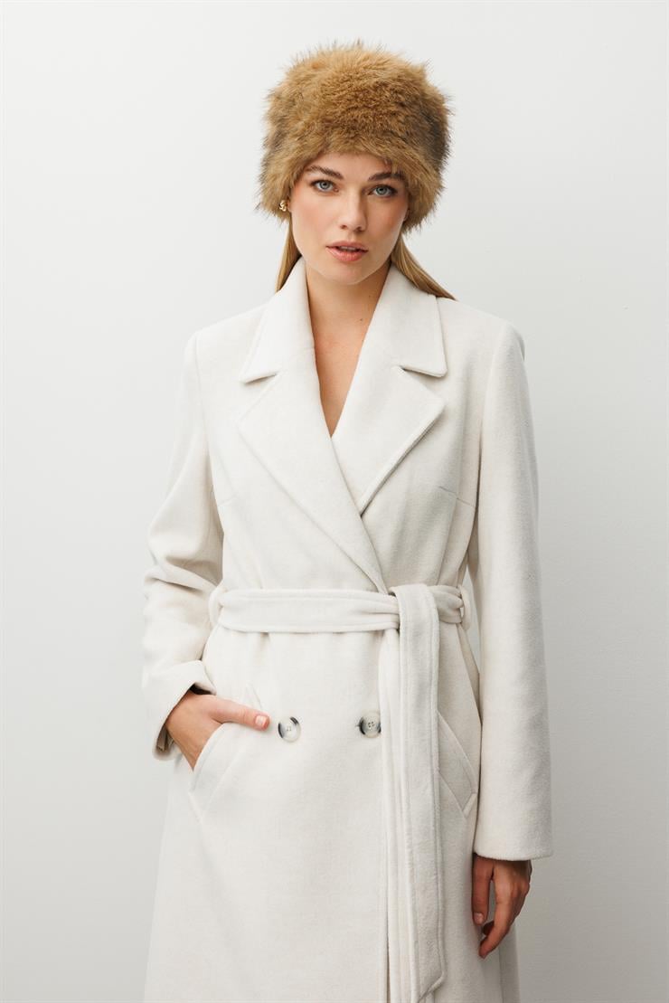 Modailgi  Kuşaklı Kruvaze Dört Düğmeli Kaban Kemik