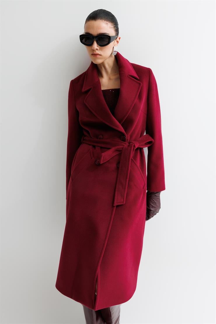 Modailgi  Kuşaklı Kruvaze Dört Düğmeli Kaban Bordo