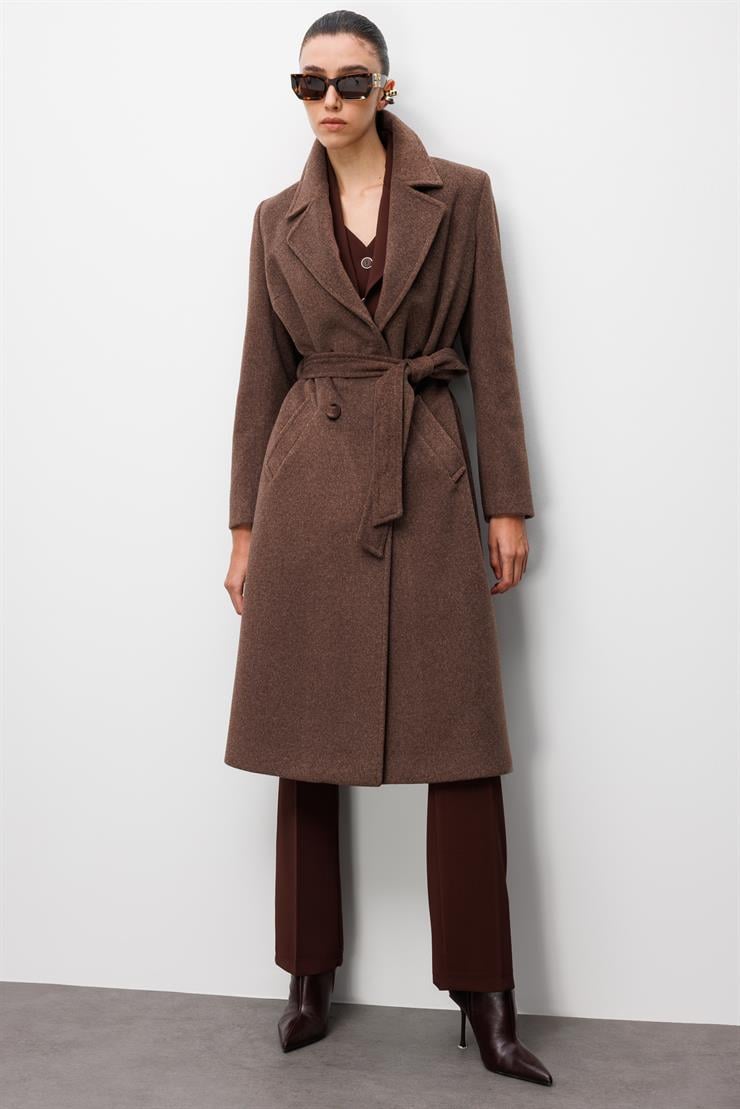 Modailgi  Kuşaklı Kruvaze Dört Düğmeli Kaban Kahve