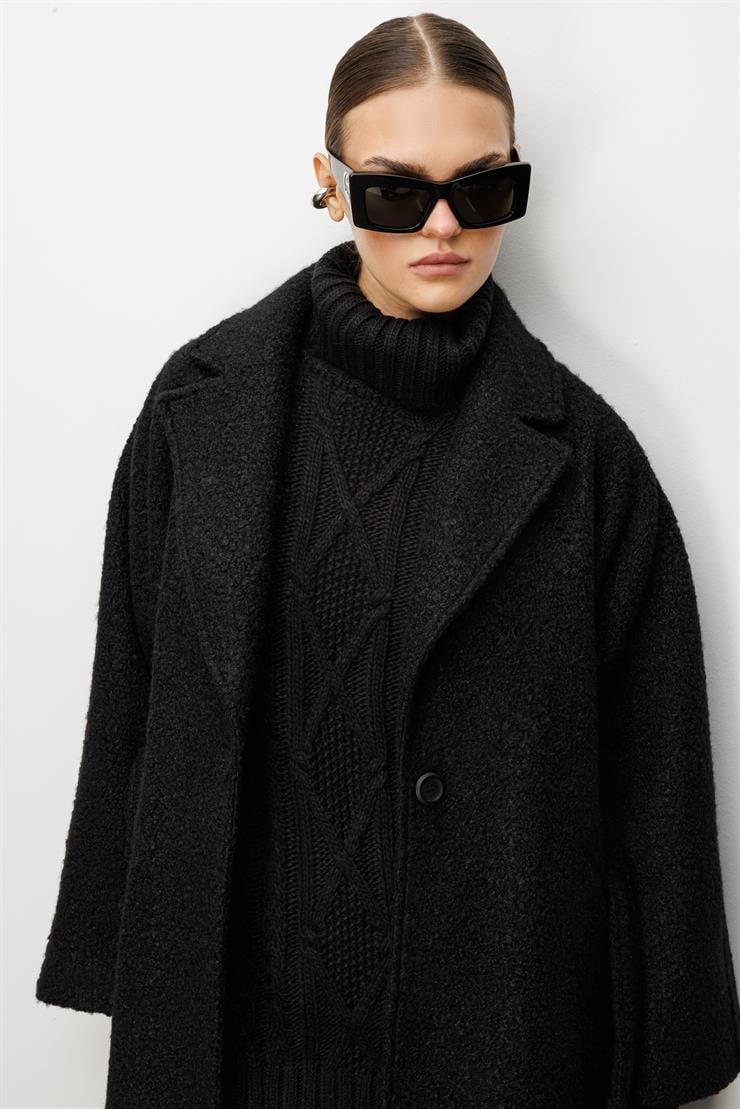 Modailgi  Kuşaklı Tek Düğmeli Buklet Kaban Siyah