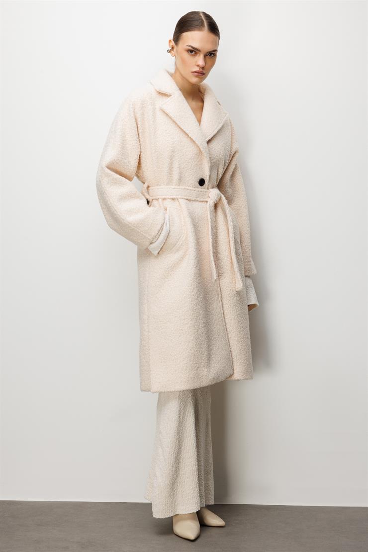 Modailgi  Kuşaklı Tek Düğmeli Buklet Kaban Bej