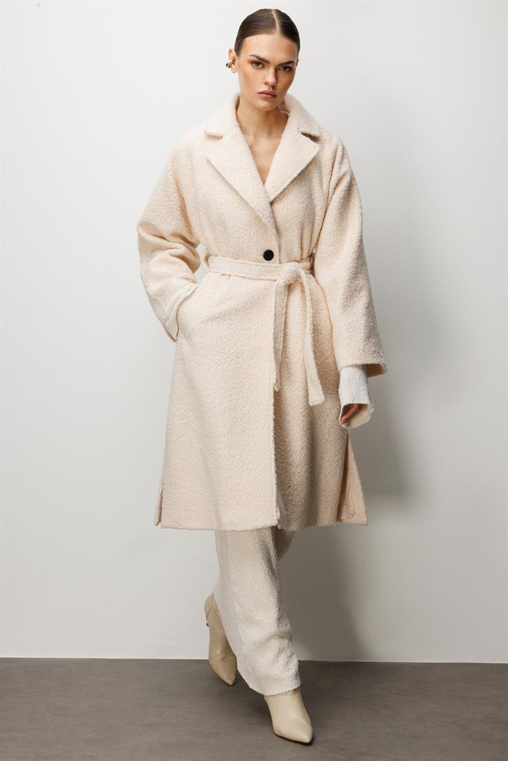 Modailgi  Kuşaklı Tek Düğmeli Buklet Kaban Bej