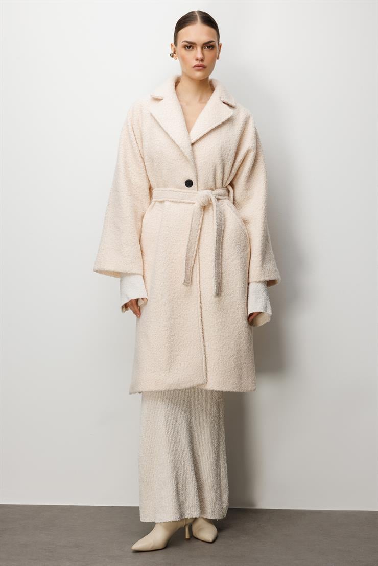 Modailgi  Kuşaklı Tek Düğmeli Buklet Kaban Bej