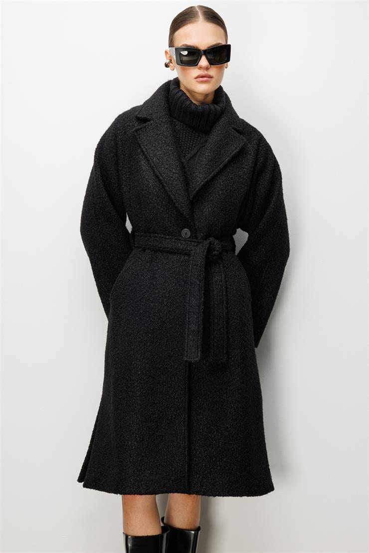 Modailgi  Kuşaklı Tek Düğmeli Buklet Kaban Siyah